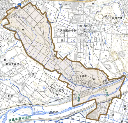 木田町とその周辺の地図。町の範囲を重ねている