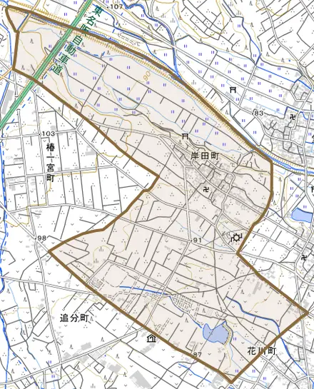 岸田町とその周辺の地図。町の範囲を重ねている