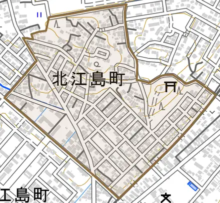 北江島町とその周辺の地図。町の範囲を重ねている