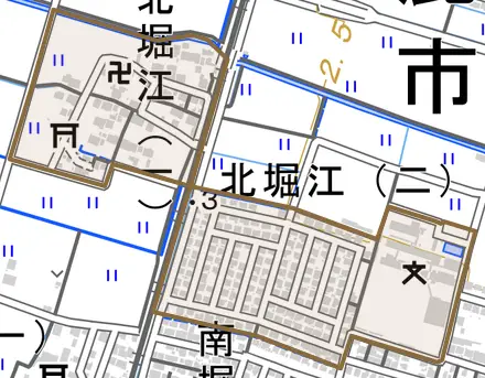 北堀江とその周辺の地図。町の範囲を重ねている