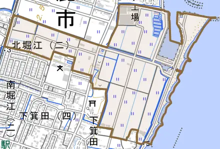 北堀江町とその周辺の地図。町の範囲を重ねている
