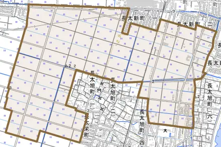 北長太町とその周辺の地図。町の範囲を重ねている