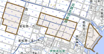 北若松町とその周辺の地図。町の範囲を重ねている