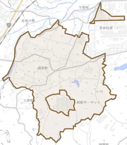 国府町とその周辺の地図。町の範囲を重ねている