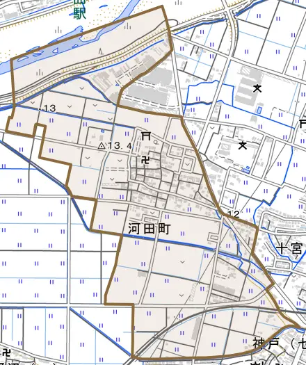 河田町とその周辺の地図。町の範囲を重ねている