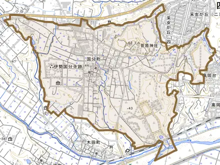 国分町とその周辺の地図。町の範囲を重ねている