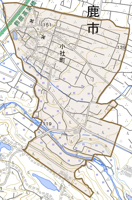 小社町とその周辺の地図。町の範囲を重ねている