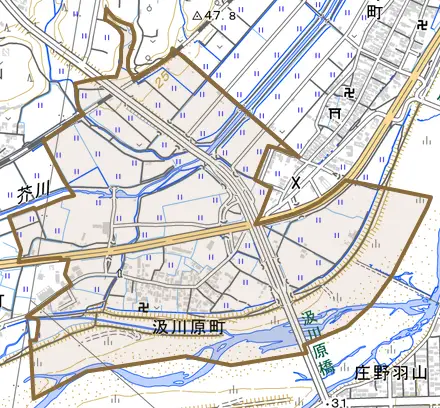 汲川原町とその周辺の地図。町の範囲を重ねている