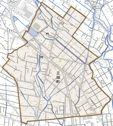 三畑町とその周辺の地図。町の範囲を重ねている