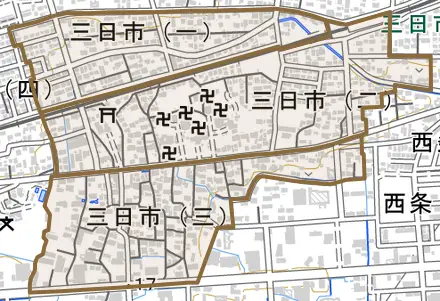 三日市とその周辺の地図。町の範囲を重ねている