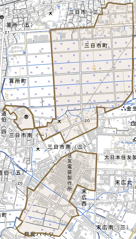 三日市町とその周辺の地図。町の範囲を重ねている