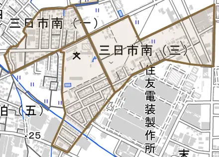 三日市南とその周辺の地図。町の範囲を重ねている