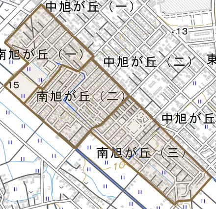 南旭が丘とその周辺の地図。町の範囲を重ねている