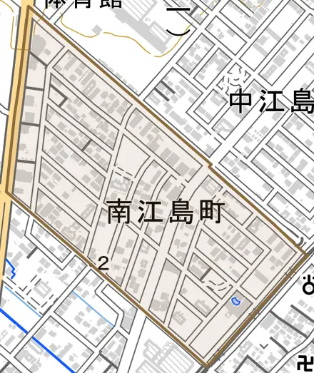 南江島町とその周辺の地図。町の範囲を重ねている