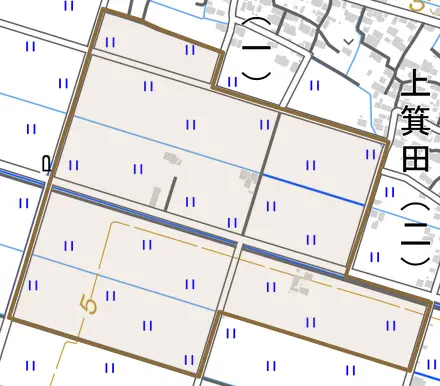 南林崎町とその周辺の地図。町の範囲を重ねている