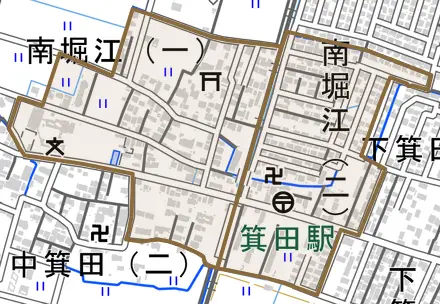 南堀江とその周辺の地図。町の範囲を重ねている