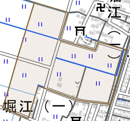 南堀江町とその周辺の地図。町の範囲を重ねている