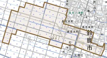 南長太町とその周辺の地図。町の範囲を重ねている