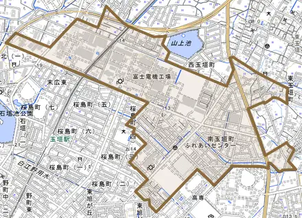 南玉垣町とその周辺の地図。町の範囲を重ねている