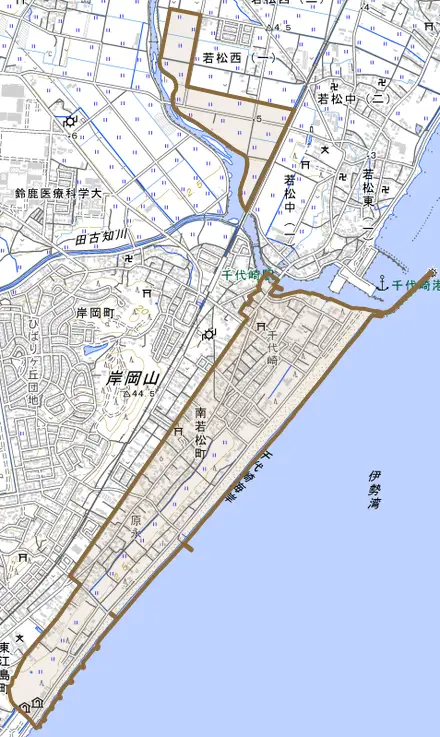 南若松町とその周辺の地図。町の範囲を重ねている