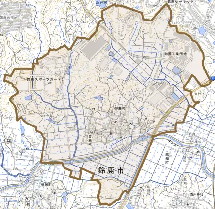 御薗町とその周辺の地図。町の範囲を重ねている