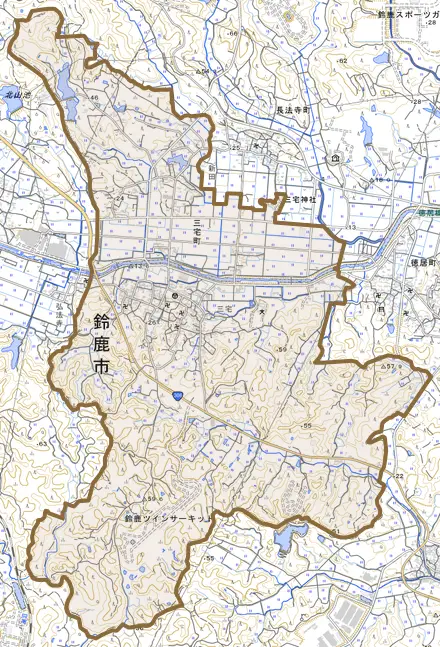 三宅町とその周辺の地図。町の範囲を重ねている