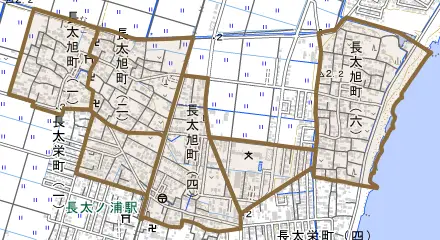 長太旭町とその周辺の地図。町の範囲を重ねている
