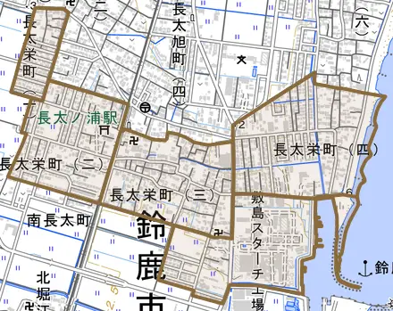 長太栄町とその周辺の地図。町の範囲を重ねている