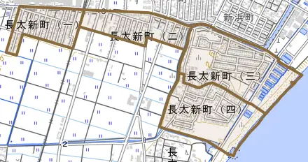 長太新町とその周辺の地図。町の範囲を重ねている