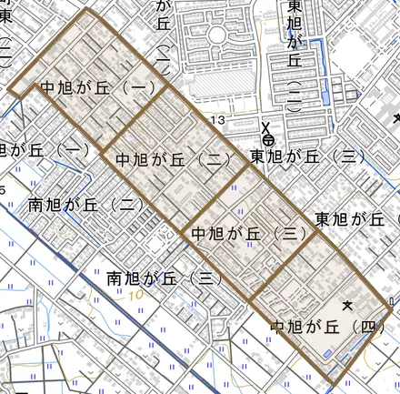 中旭が丘とその周辺の地図。町の範囲を重ねている