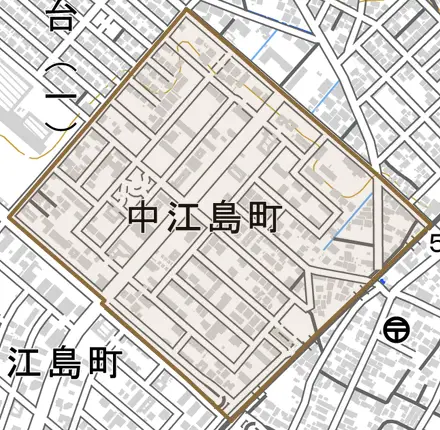 中江島町とその周辺の地図。町の範囲を重ねている