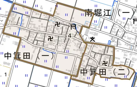 中箕田とその周辺の地図。町の範囲を重ねている