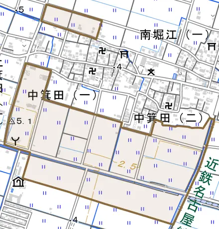 中箕田町とその周辺の地図。町の範囲を重ねている