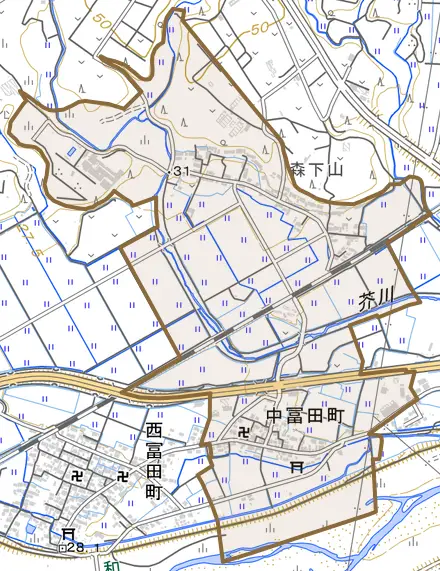 中冨田町とその周辺の地図。町の範囲を重ねている