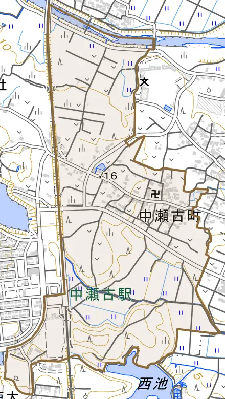 中瀬古町とその周辺の地図。町の範囲を重ねている