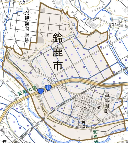 西冨田町とその周辺の地図。町の範囲を重ねている