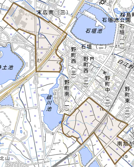 野町とその周辺の地図。町の範囲を重ねている