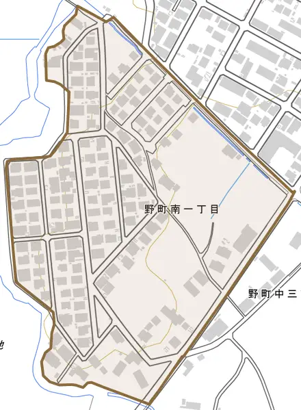 野町南とその周辺の地図。町の範囲を重ねている