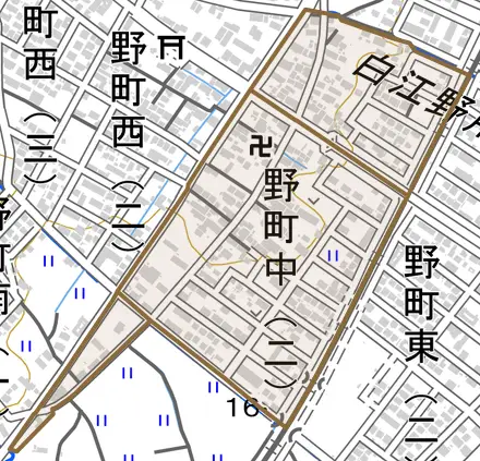 野町中とその周辺の地図。町の範囲を重ねている