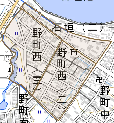野町西とその周辺の地図。町の範囲を重ねている