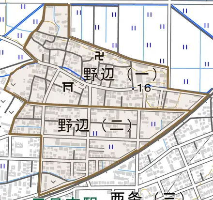 野辺とその周辺の地図。町の範囲を重ねている