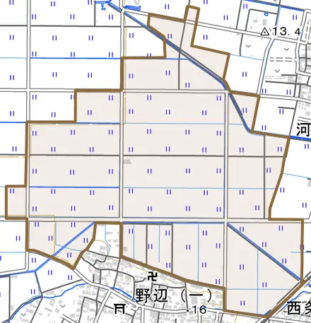 野辺町とその周辺の地図。町の範囲を重ねている