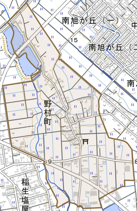 野村町とその周辺の地図。町の範囲を重ねている