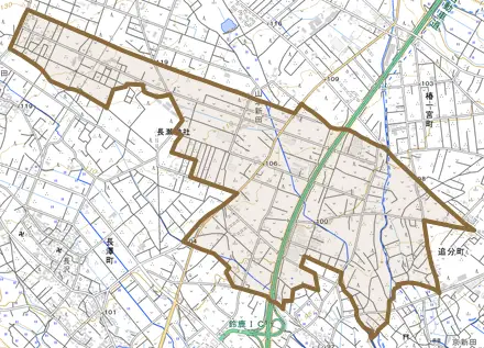 追分町とその周辺の地図。町の範囲を重ねている