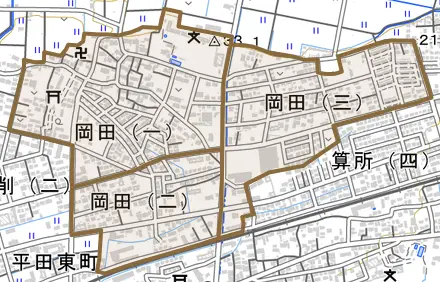 岡田とその周辺の地図。町の範囲を重ねている