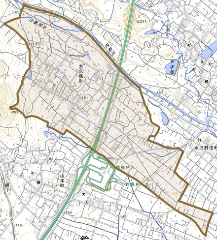 大久保町とその周辺の地図。町の範囲を重ねている