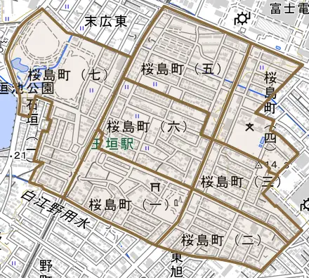 桜島町とその周辺の地図。町の範囲を重ねている