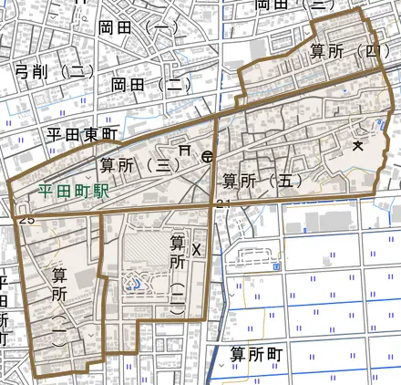 算所とその周辺の地図。町の範囲を重ねている
