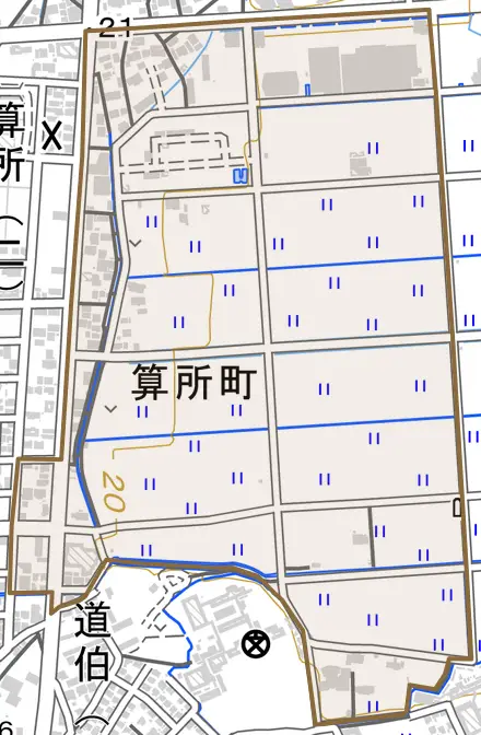 算所町とその周辺の地図。町の範囲を重ねている