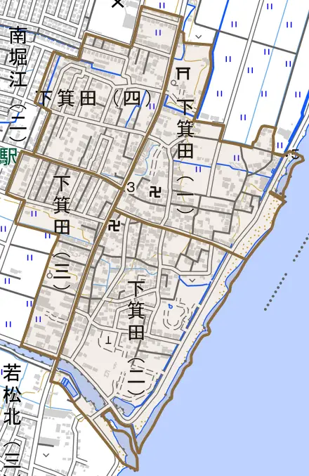 下箕田とその周辺の地図。町の範囲を重ねている